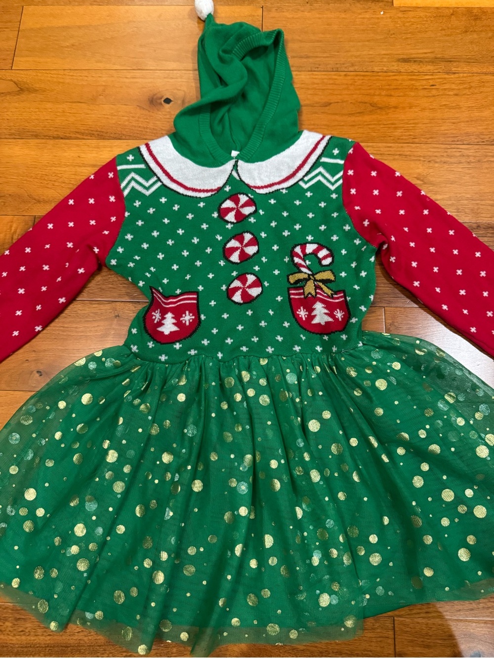 Green and Red Festive Tulle Holiday Dress with Hood